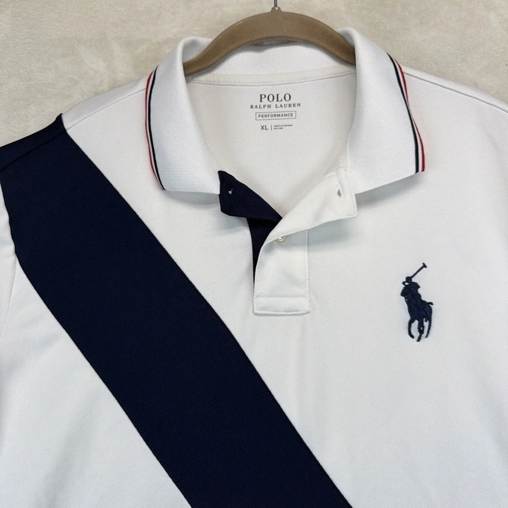 Polo Ralph Lauren Performance Polo Shirt Mens XL White Navy Stripe Golf Stretch